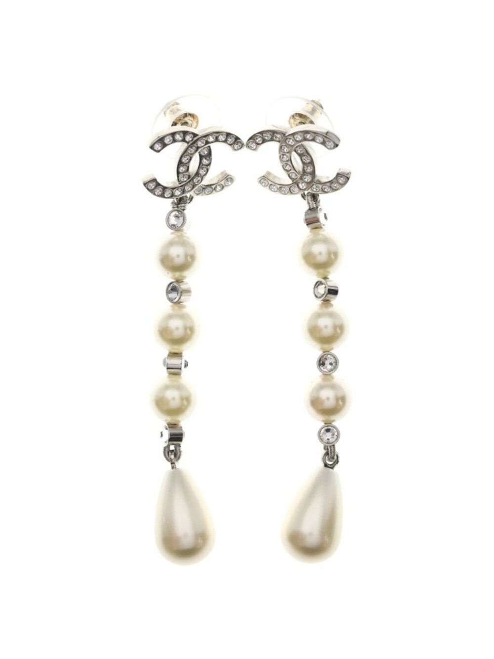 Chanel CC Logo Rhinestone Pearl Earrings Teardrop Silver